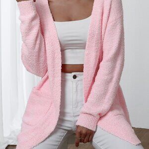 Baby Pink Casual Women's Dual Pocket Drop Shoulder Long Sleeve Cardigan